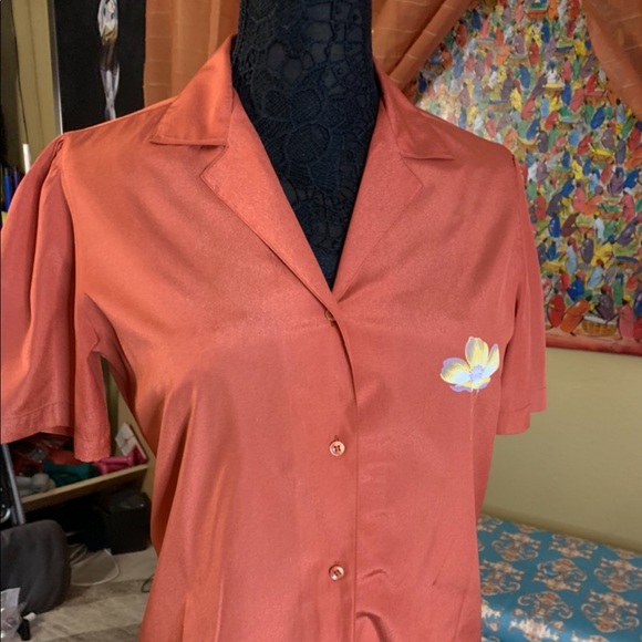 🔵 VTG Jones New York Silk like peach orange blouse hand painted small - Picture 9 of 14